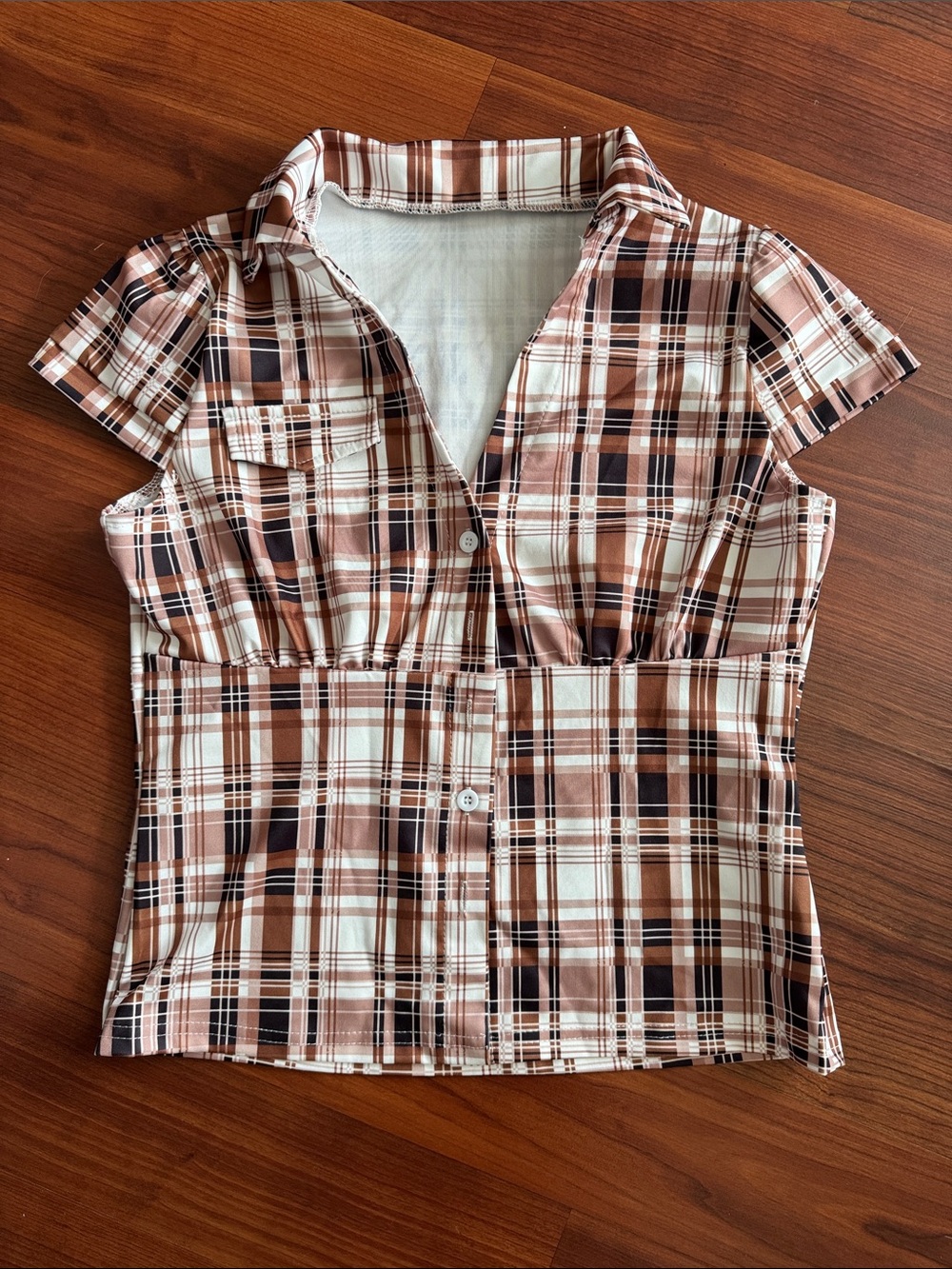Plaid Short-Sleeve Button-Up Top in Brown and White
